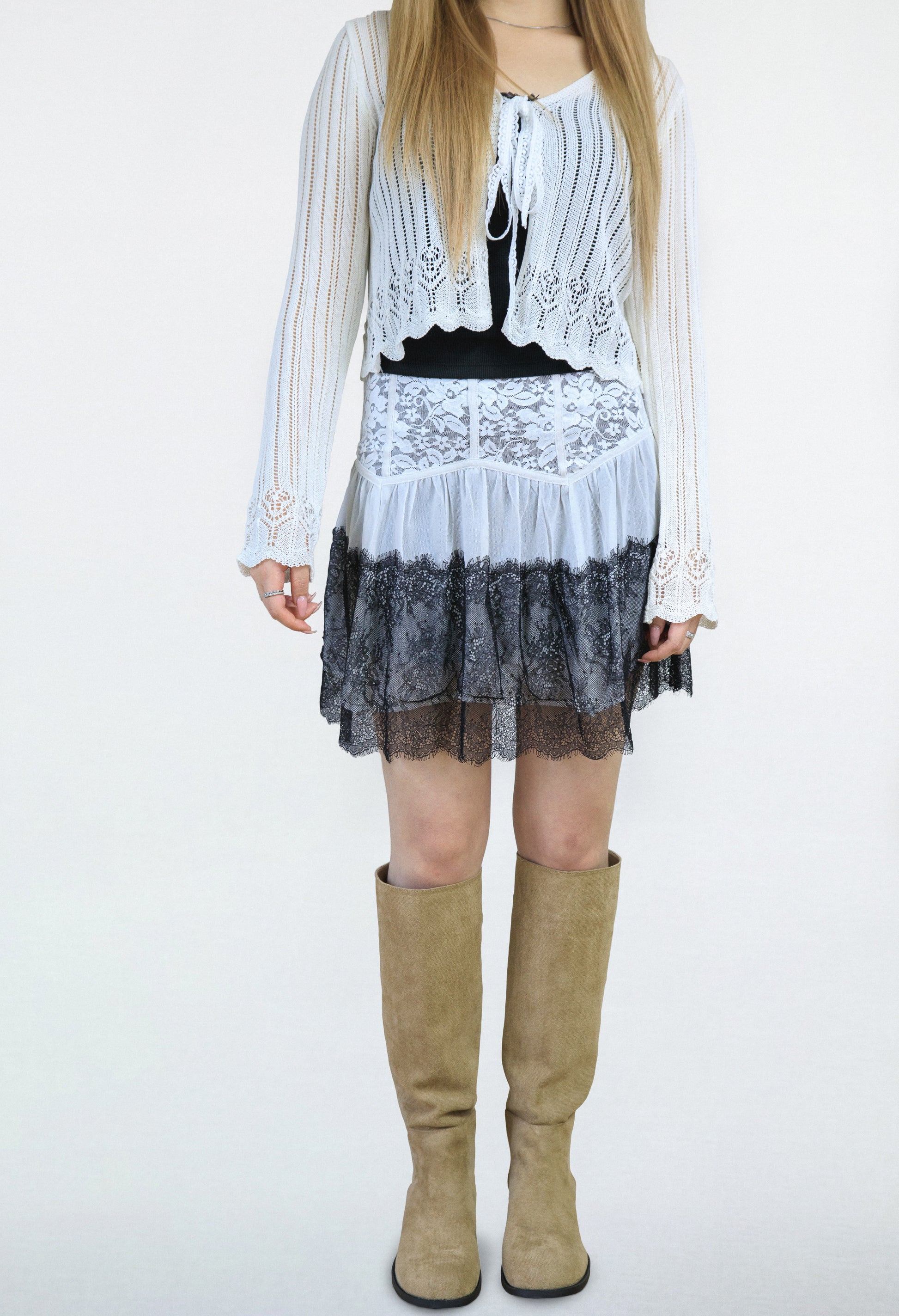 Lace contrast flare see-through layered skirt