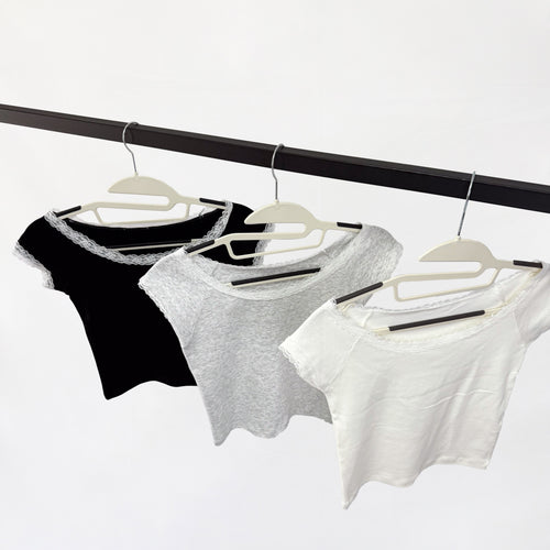 Anna T-shirt Lace Crop Boat Neck Cotton Short Sleeve T-shirt