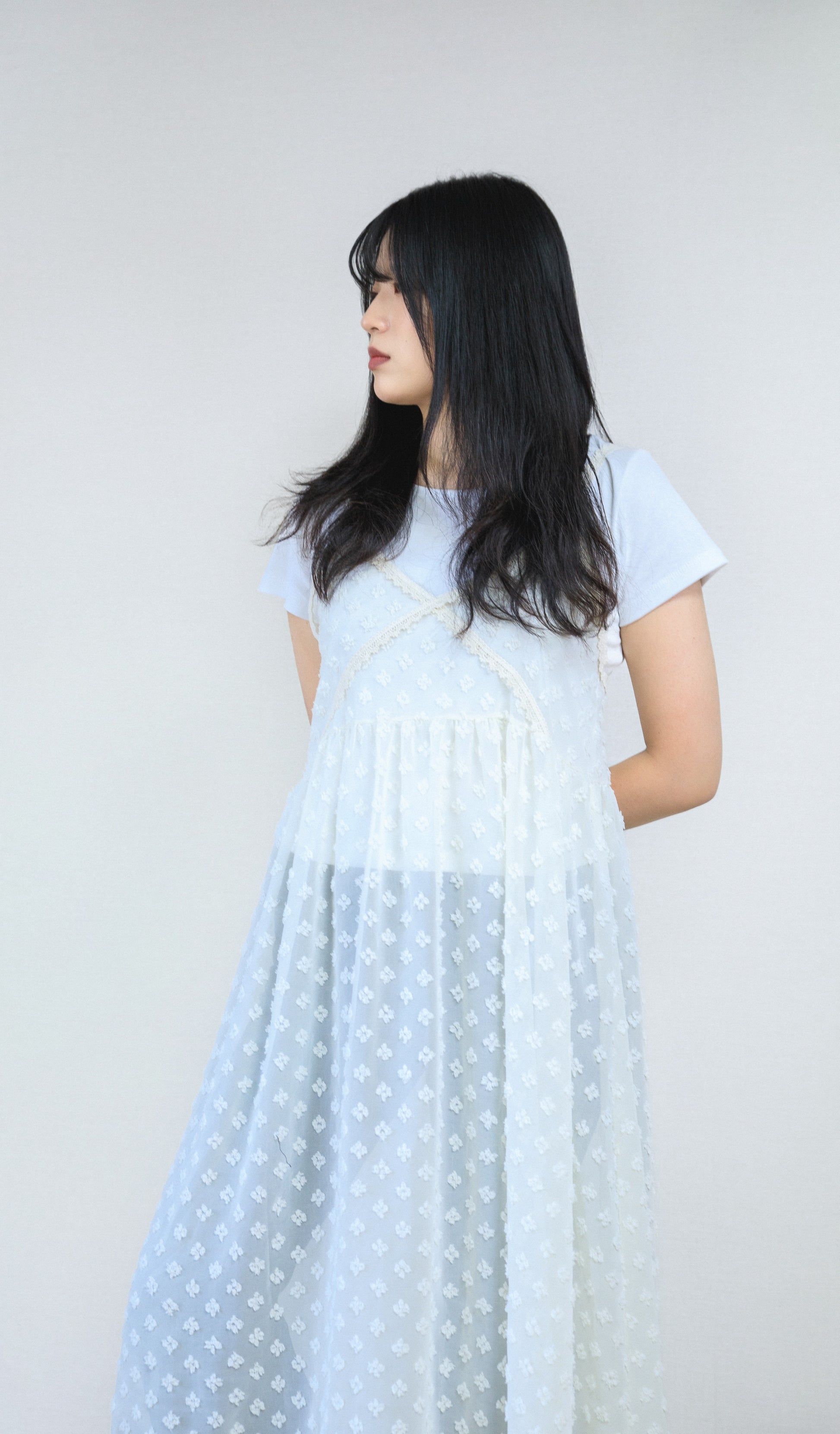 Floral Snowflake Sheer Long Dress Lace Camisole Layered
