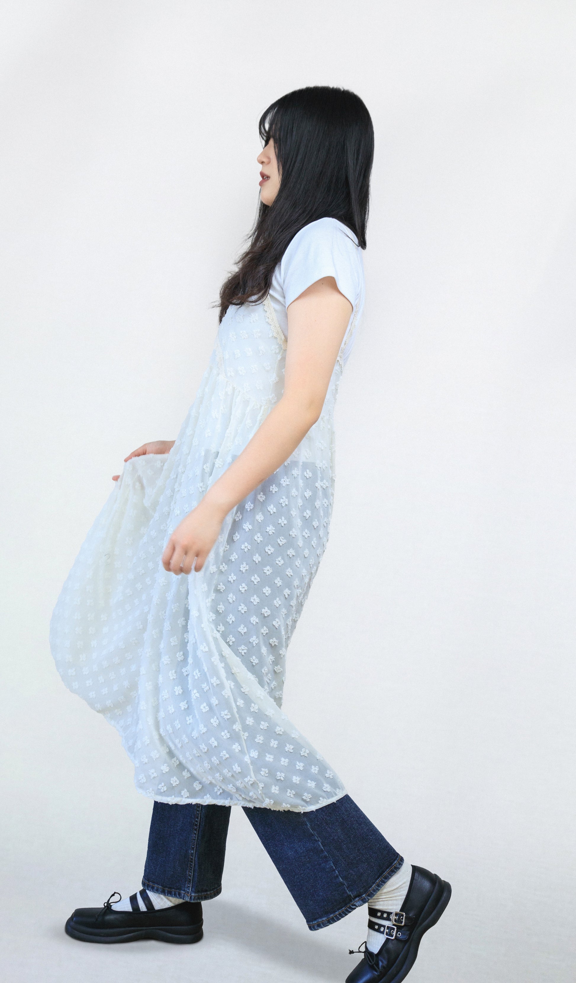 Floral Snowflake Sheer Long Dress Lace Camisole Layered