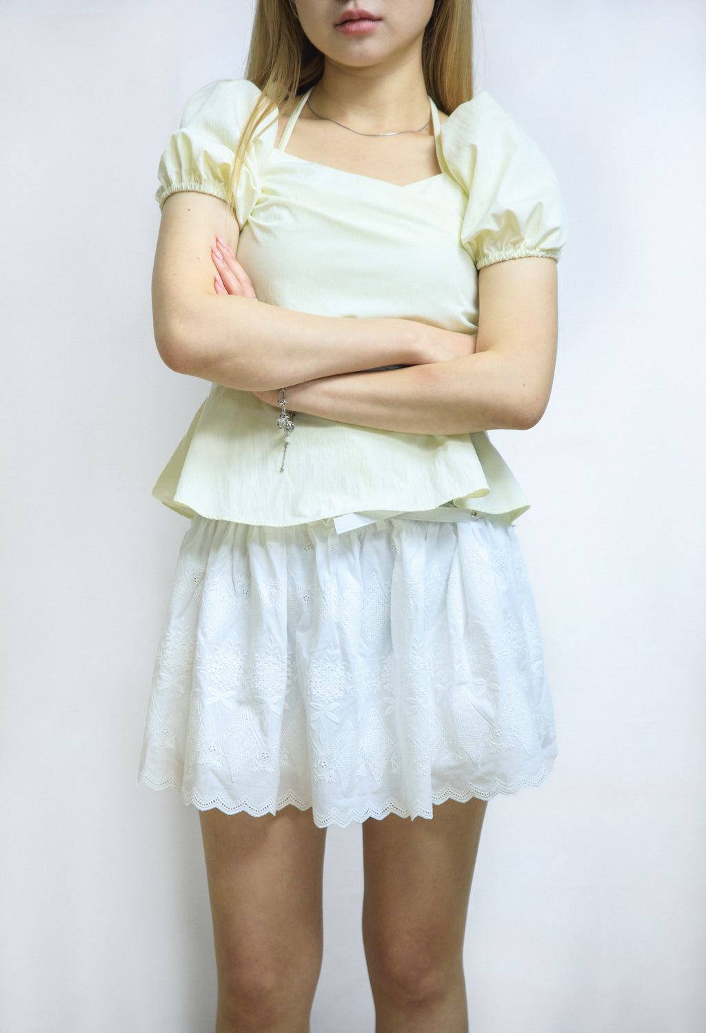Heart Neck Ribbon Strap Off-Shoulder Volume Puff Cooling Short Sleeve